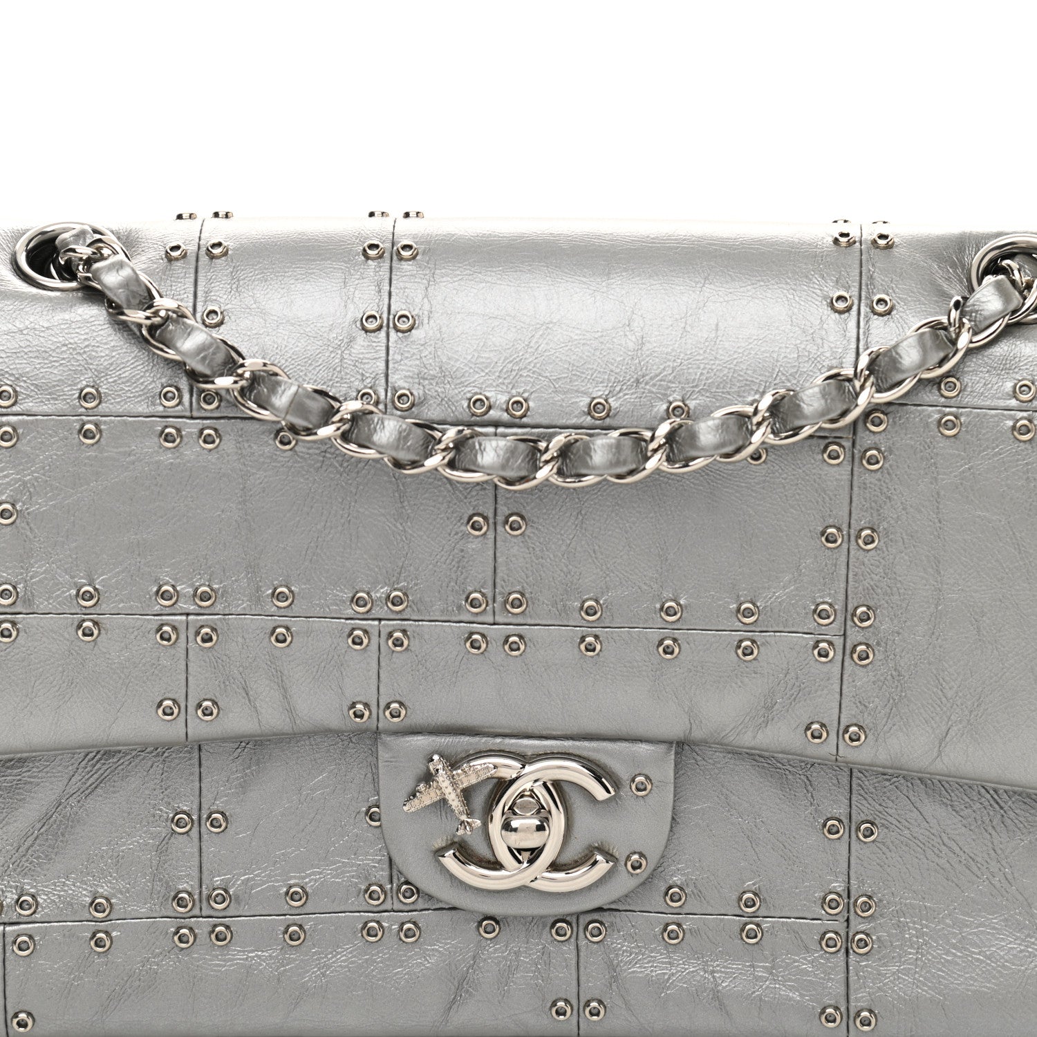 Chanel Glazed Calfskin Grommet Embellished Medium Airline Double Flap Silver 8 of 13