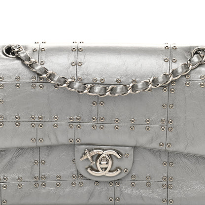 Chanel Glazed Calfskin Grommet Embellished Medium Airline Double Flap Silver 8 of 13