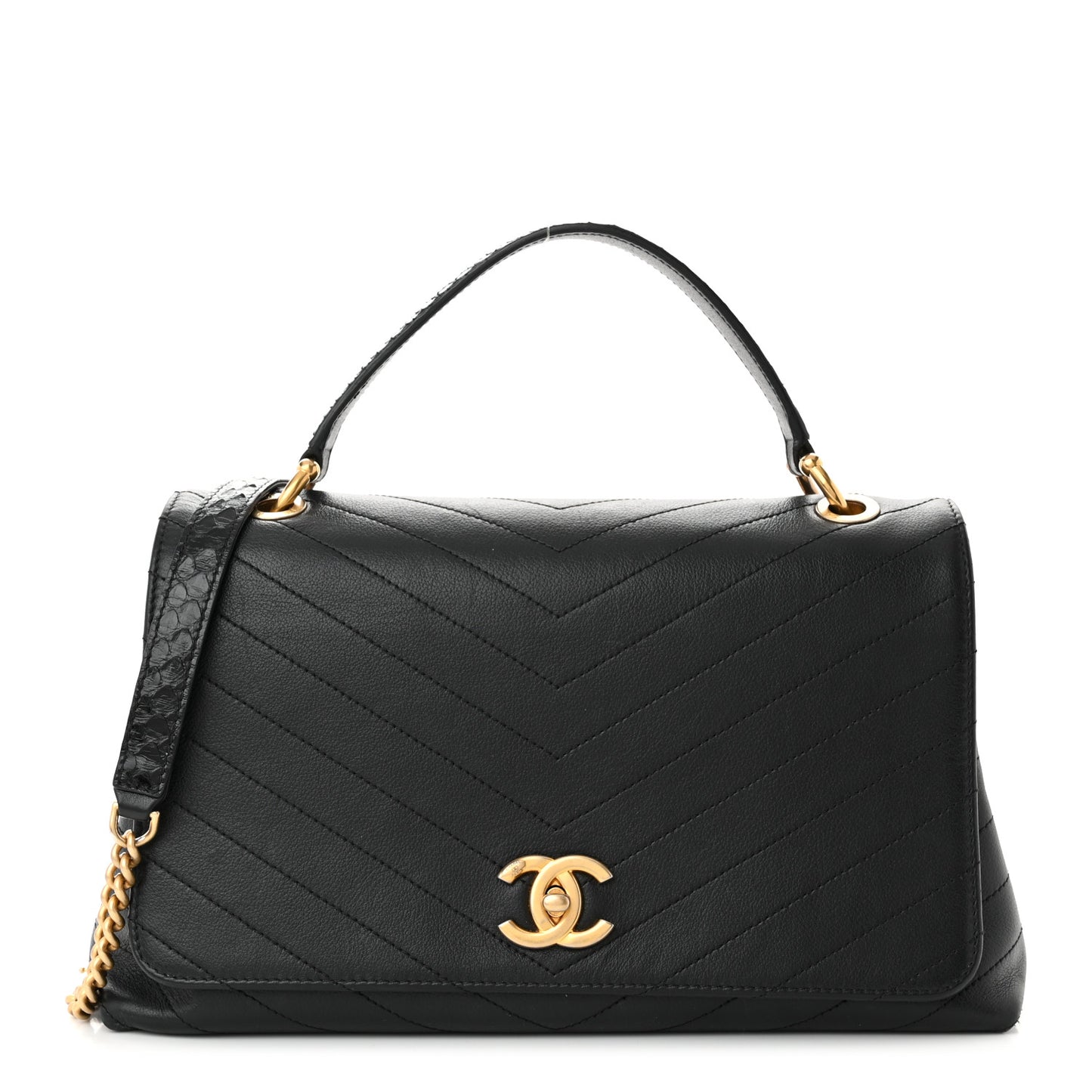 Grained Calfskin Elaphe Stitched Medium Chevron Chic Top Handle Flap Black