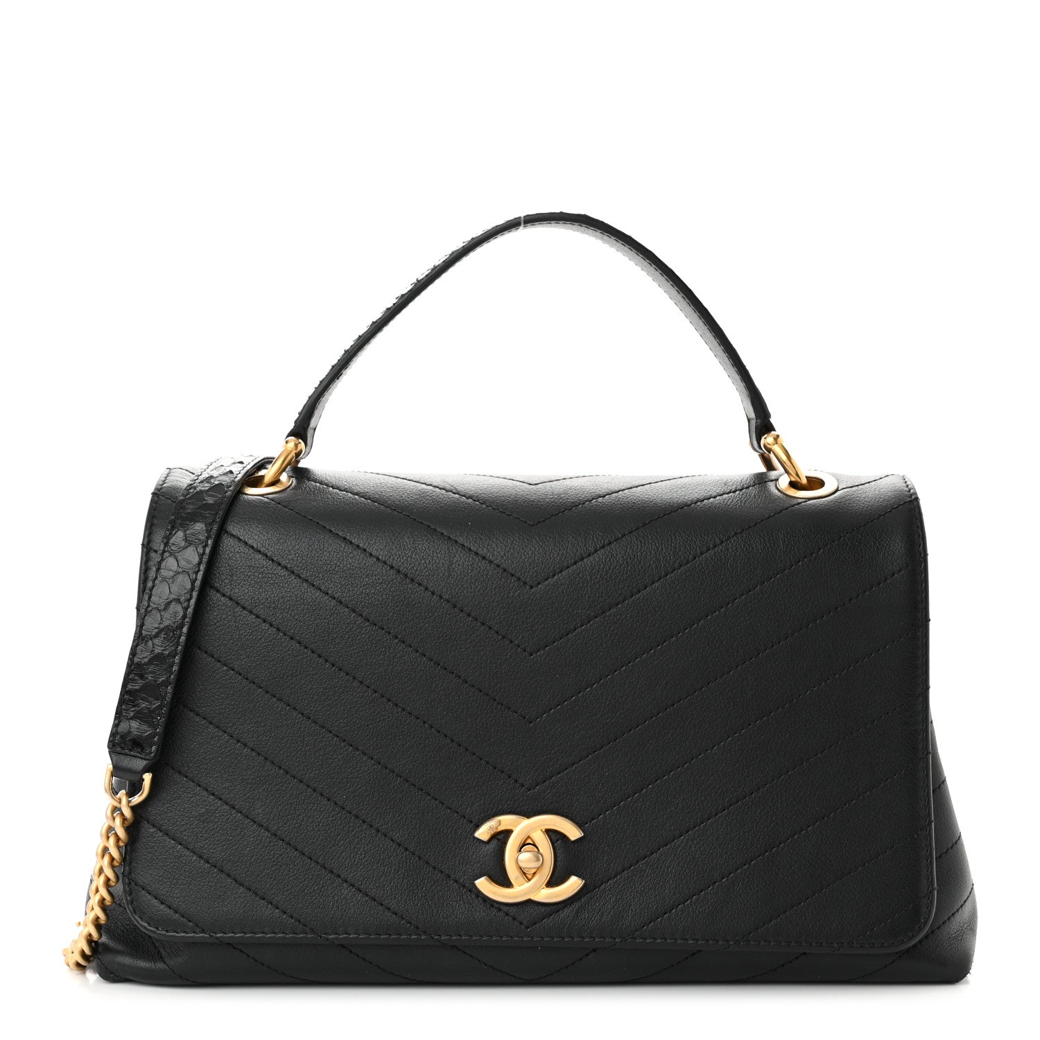 Chanel Grained Calfskin Elaphe Stitched Medium Chevron Chic Top Handle Flap Black 1 of 12
