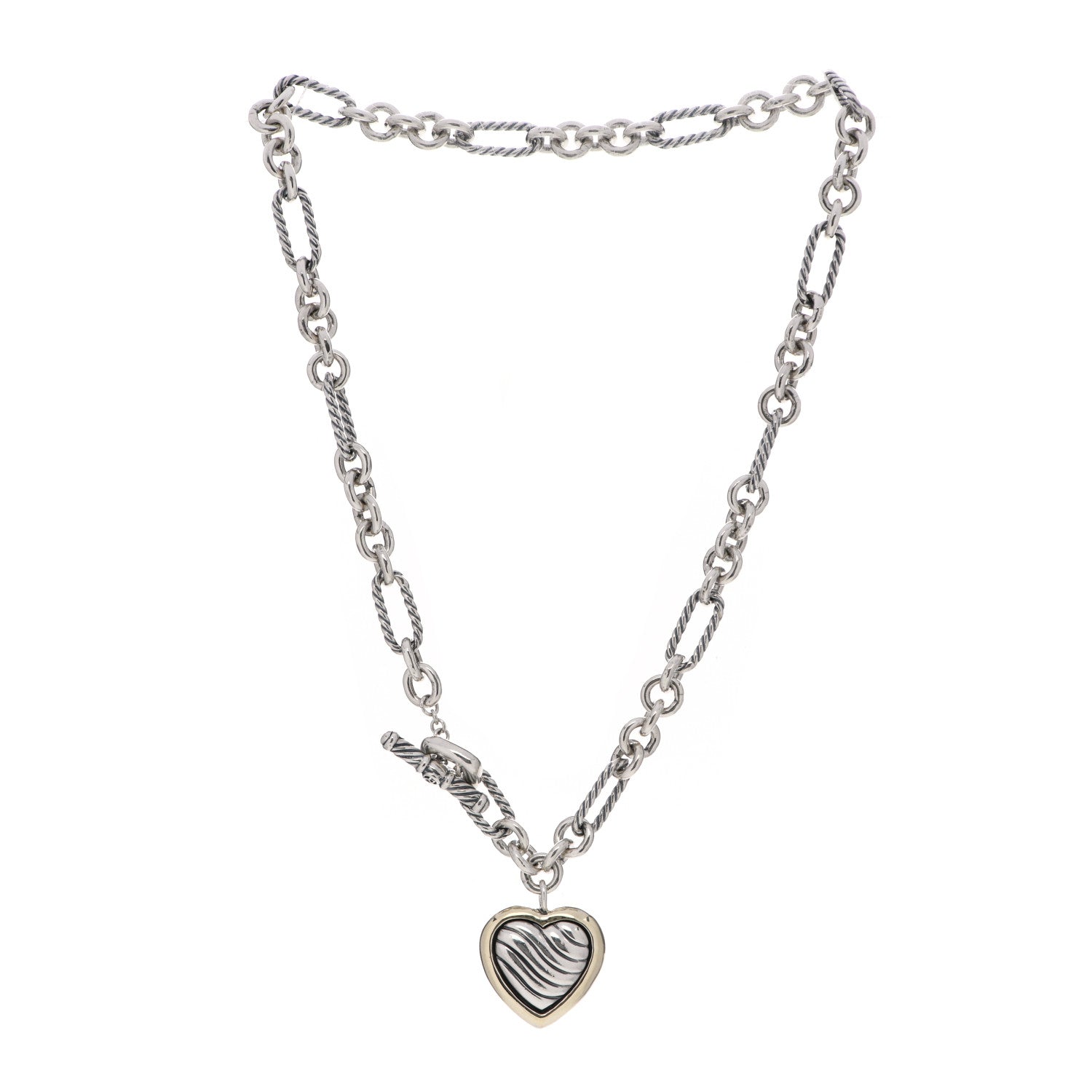 David Yurman Sterling Silver 18K Yellow Gold Cable Heart Figaro Necklace 3 of 4
