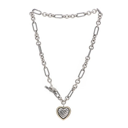 David Yurman Sterling Silver 18K Yellow Gold Cable Heart Figaro Necklace 3 of 4