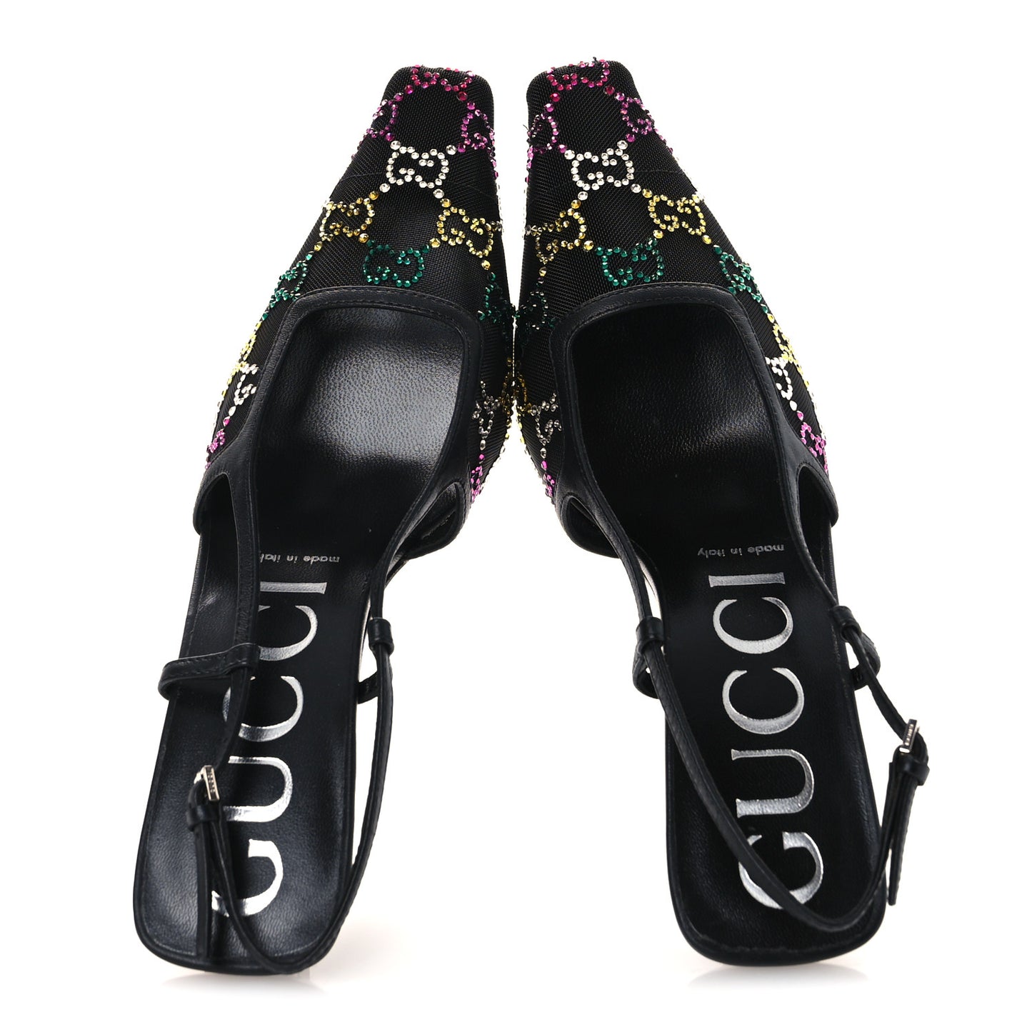 Tela Retino Nappa Charlotte Crystal GG Monogram Square G 75mm Slingback Pumps 37 Black