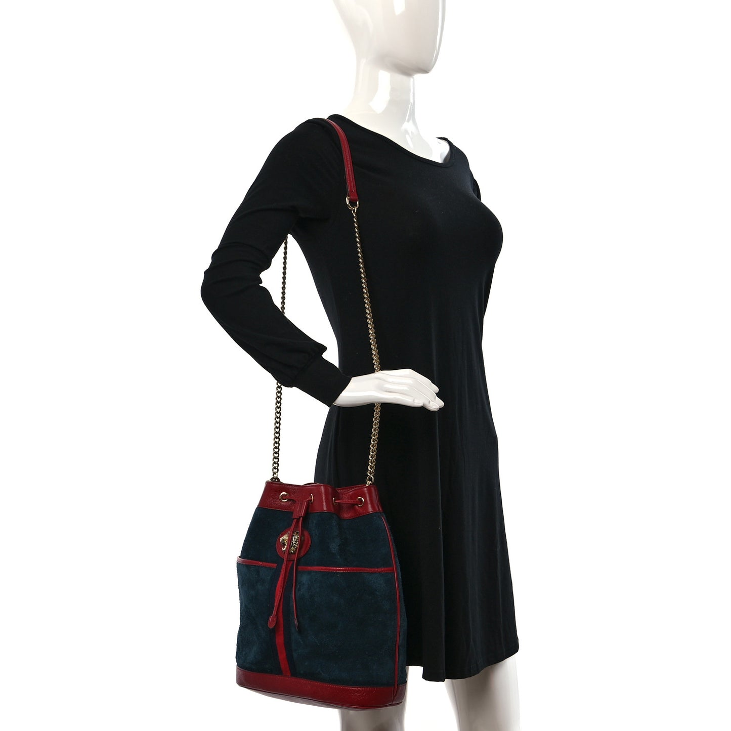 Suede Calfskin Web Medium Rajah Bucket Bag New Blue Romantic Cherry