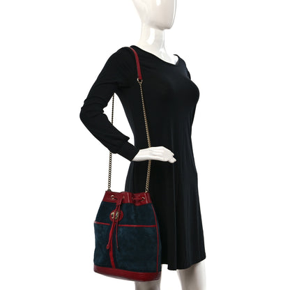 Gucci Suede Calfskin Web Medium Rajah Bucket Bag New Blue Romantic Cherry 2 of 9