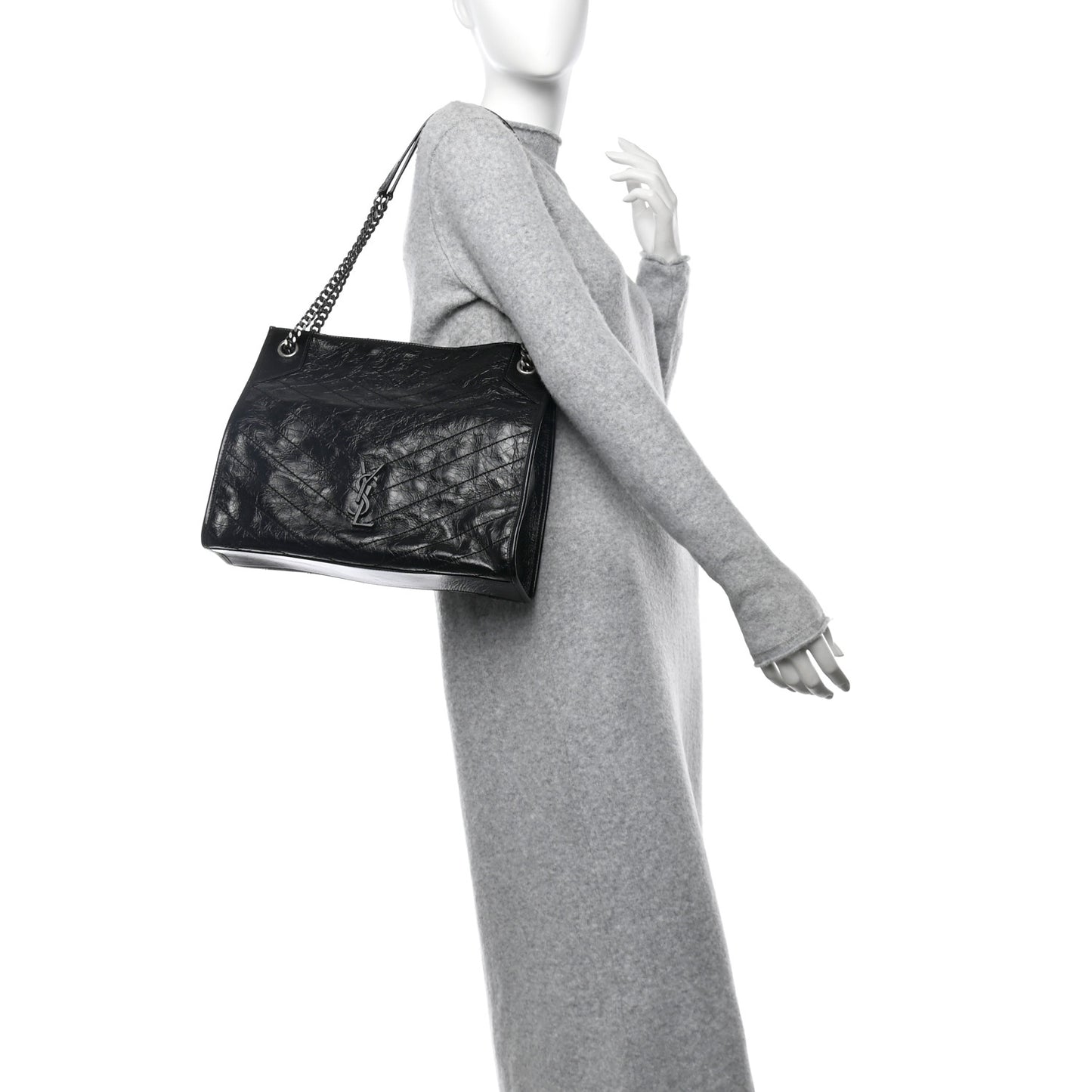Crinkled Calfskin Matelasse Monogram Medium Niki Shopper Tote  Black
