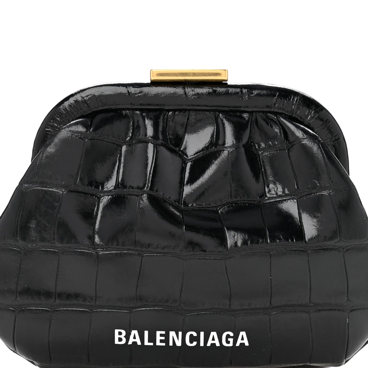 Shiny Supple Calfskin Logo Crocodile Embossed Cloud Coin Purse Black White