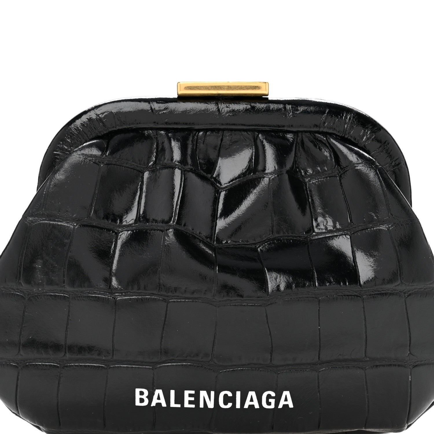 Balenciaga Shiny Supple Calfskin Logo Crocodile Embossed Cloud Coin Purse Black White 8 of 11