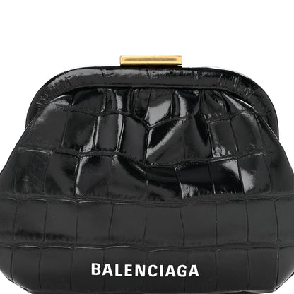 Balenciaga Shiny Supple Calfskin Logo Crocodile Embossed Cloud Coin Purse Black White 8 of 11