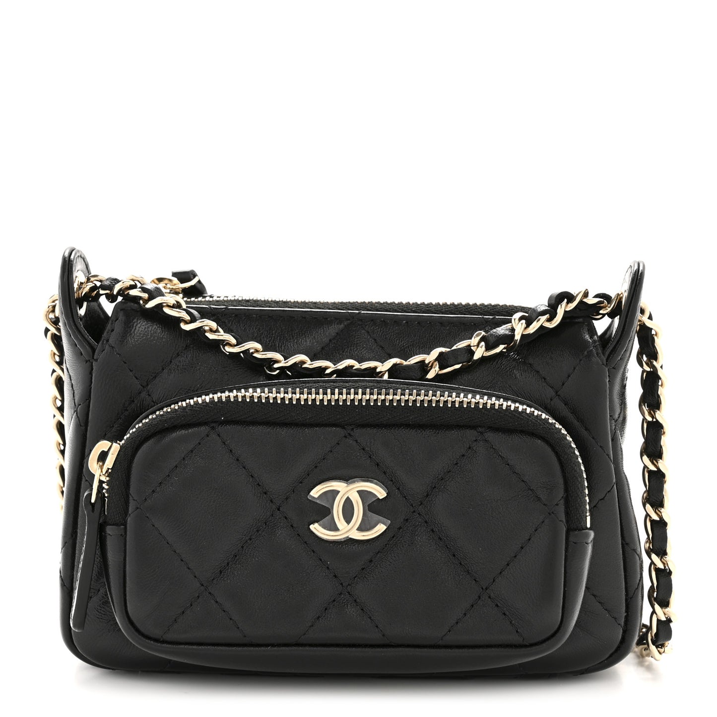 Shiny Crumpled Lambskin Quilted Mini Clutch With Chain Black