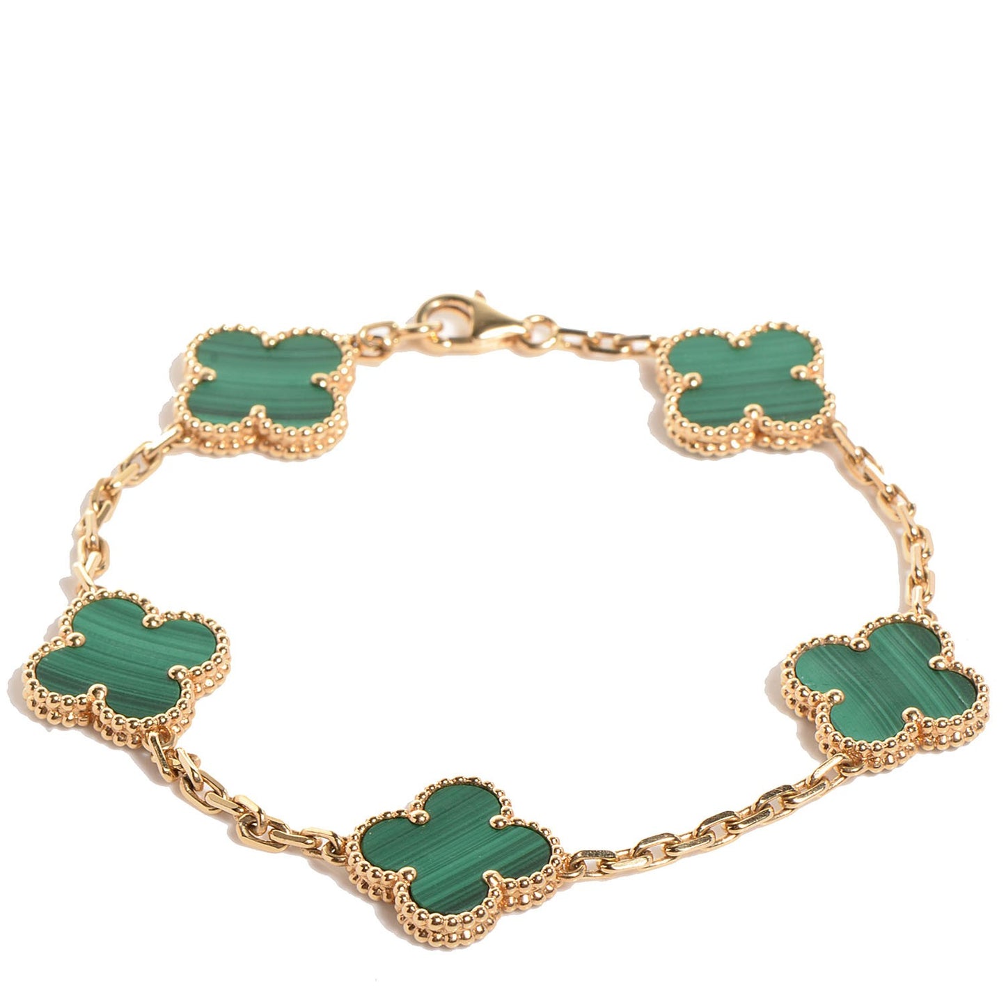 18K Yellow Gold Malachite 5 Motifs Vintage Alhambra Bracelet