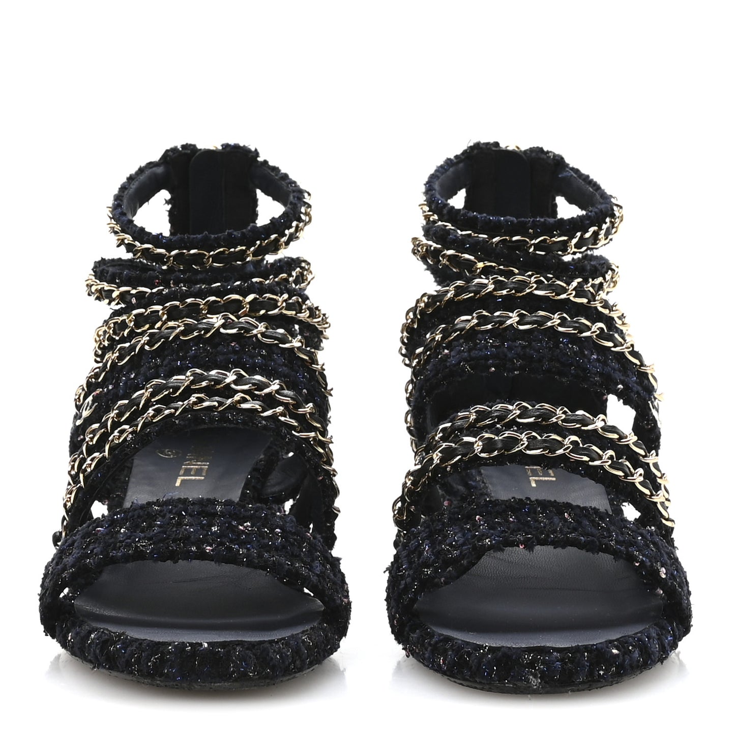 Metallic Tweed Gladiator Chain Sandals 39 Navy Bronze