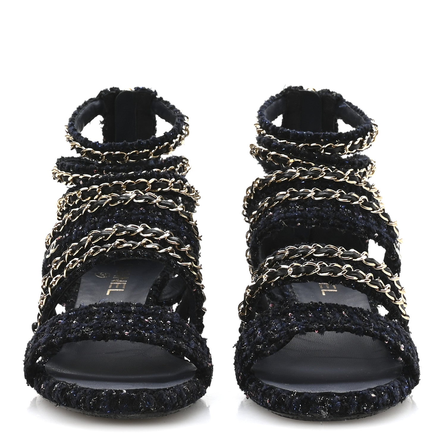 Chanel Metallic Tweed Gladiator Chain Sandals 39 Navy Bronze 5 of 20