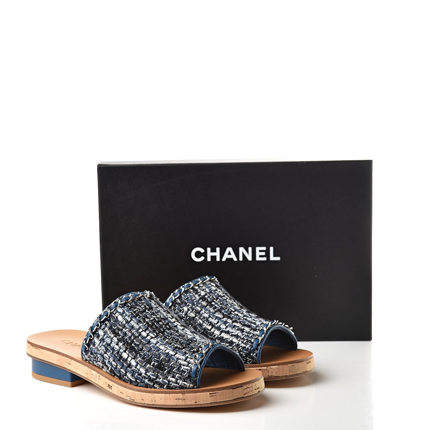 Chanel Cork Tweed Chain Mule Slides 40 Blue 8 of 8