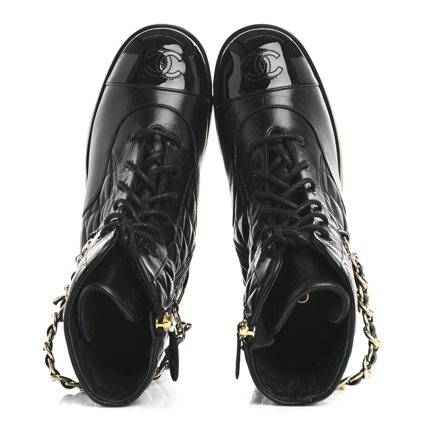Shiny Calfskin Patent Quilted Chain Lace Up Combat Boots 39.5 Black