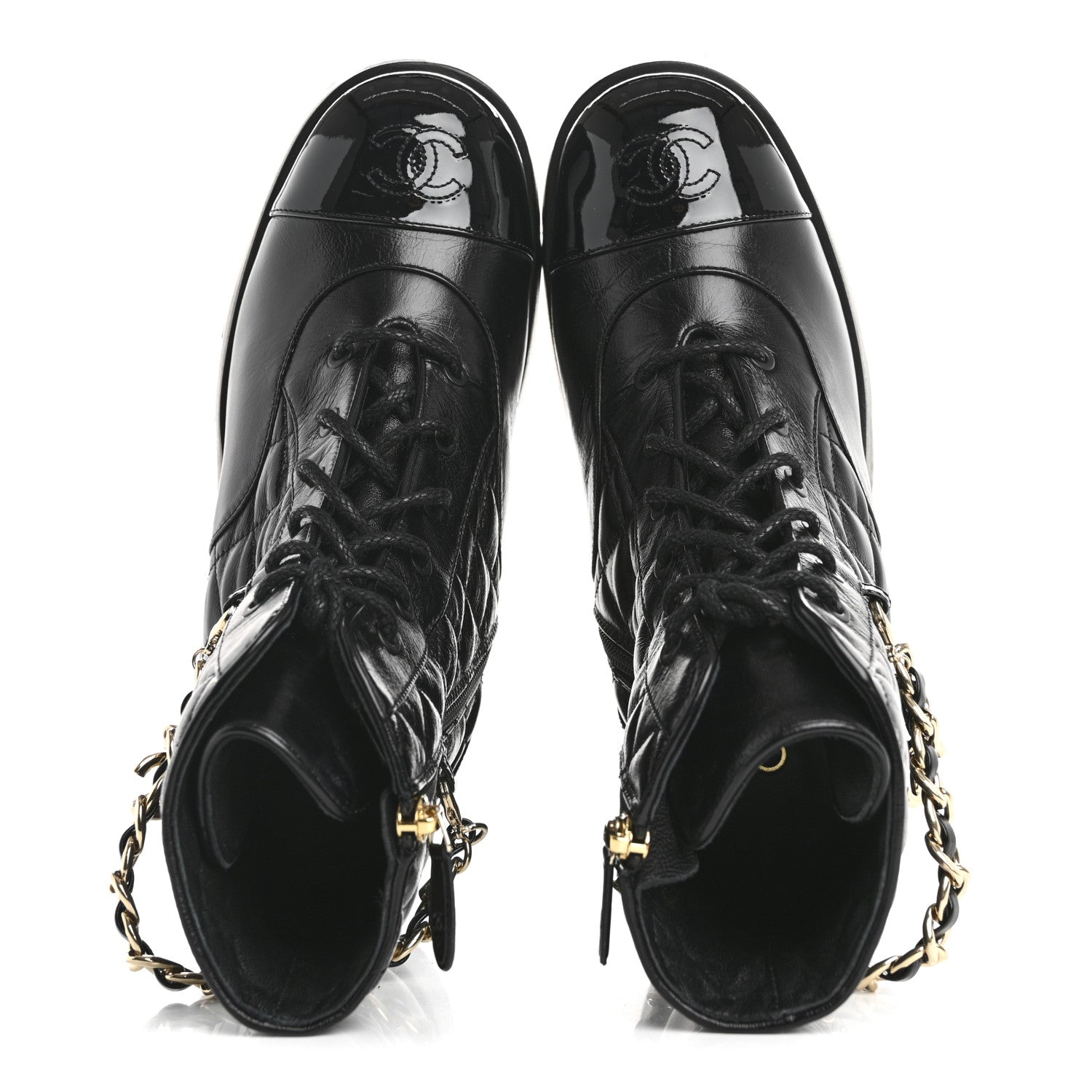 Chanel Shiny Calfskin Patent Quilted Chain Lace Up Combat Boots 39.5 Black 2 of 9