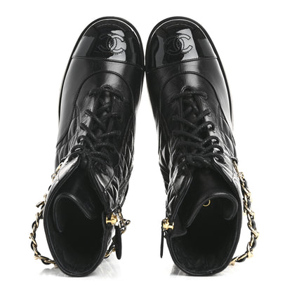 Chanel Shiny Calfskin Patent Quilted Chain Lace Up Combat Boots 39.5 Black 2 of 9