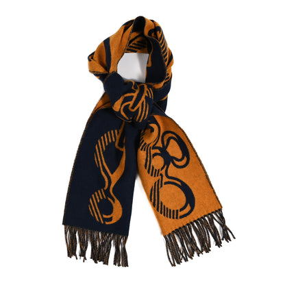 Hermes Cashmere Casaque Do Re Boucles Muffler Bleu Black Jaune Ocre 1 of 3