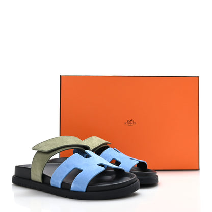 Hermes Suede Goatskin Womens Chypre Sandals 36 Bleu Cameo Vert Celadon 9 of 9