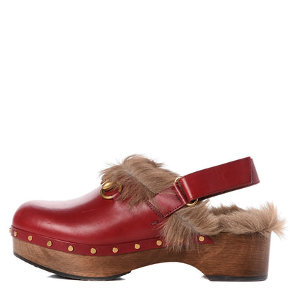 Gucci Calfskin Fur Horsebit Amstel Slingback Clogs 37.5 Rosso Naturale 1 of 9