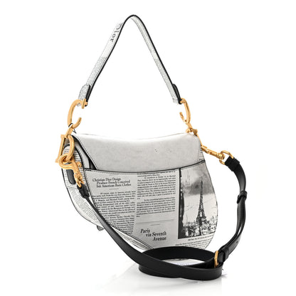 Christian Dior Calfskin Newspaper Printed Saddle Bag With Strap Black White 3 of 10