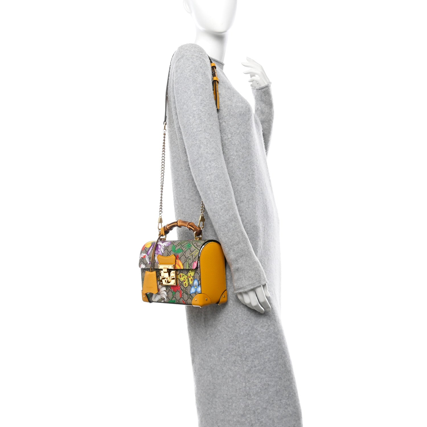 Gucci GG Supreme Monogram Flora Small Padlock Bamboo Shoulder Bag Beige Multicolor Crop 2 of 11