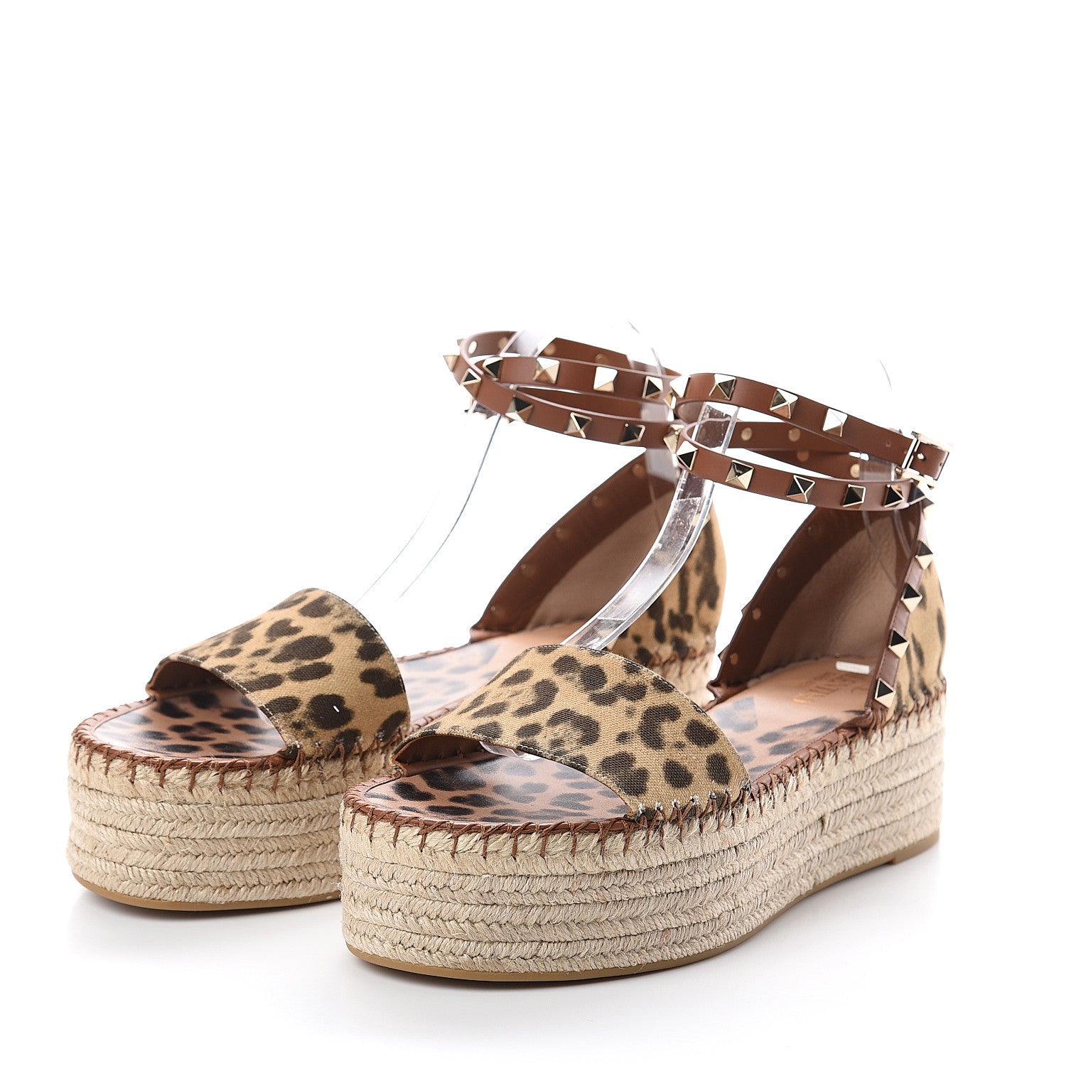 Valentino Garavani Canvas Leopard Print Rockstud Ankle Wrap Espadrille Flatform Sandals 41 Brown 3 of 7