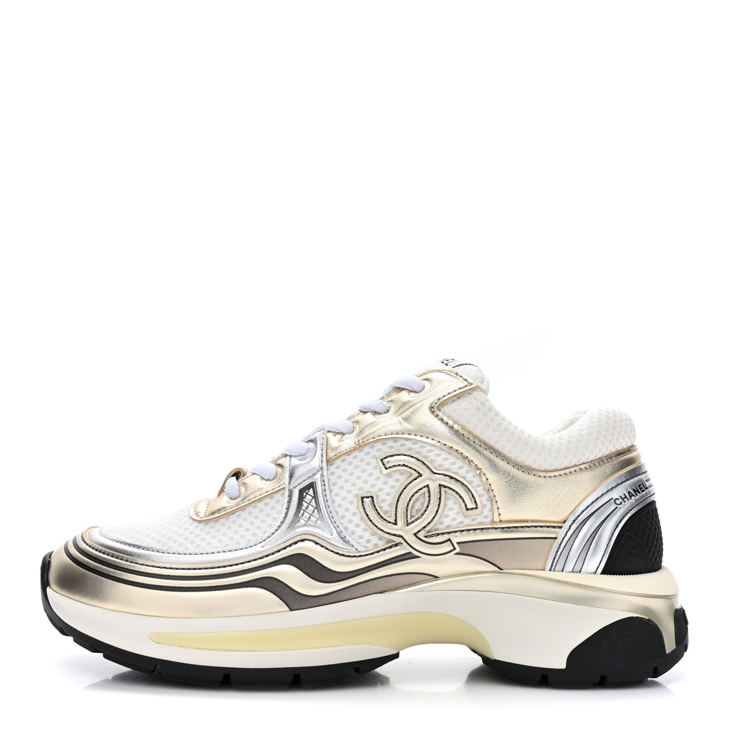 Fabric Laminated Calfskin Stretch CC Womens Sneakers 36 White Gold Silver