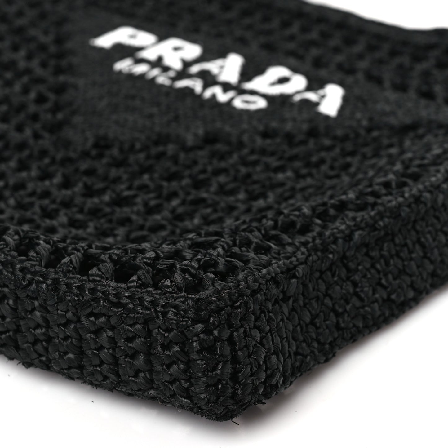 Yarn Raffia Effect Crochet Logo Embroidered Tote Bag Black