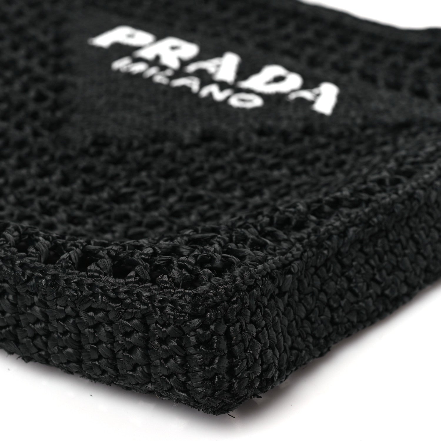 Prada Yarn Raffia Effect Crochet Logo Embroidered Tote Bag Black 8 of 8