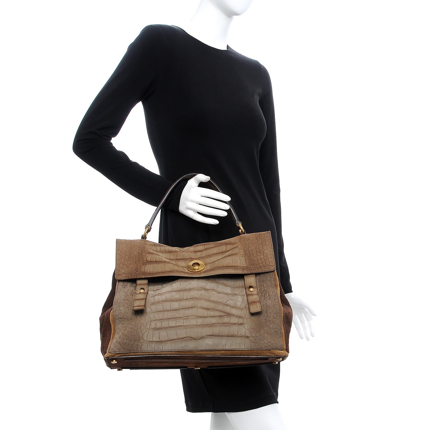 Saint Laurent Nubuck Croc Embossed Large Muse Two Beige Brown 2 of 7
