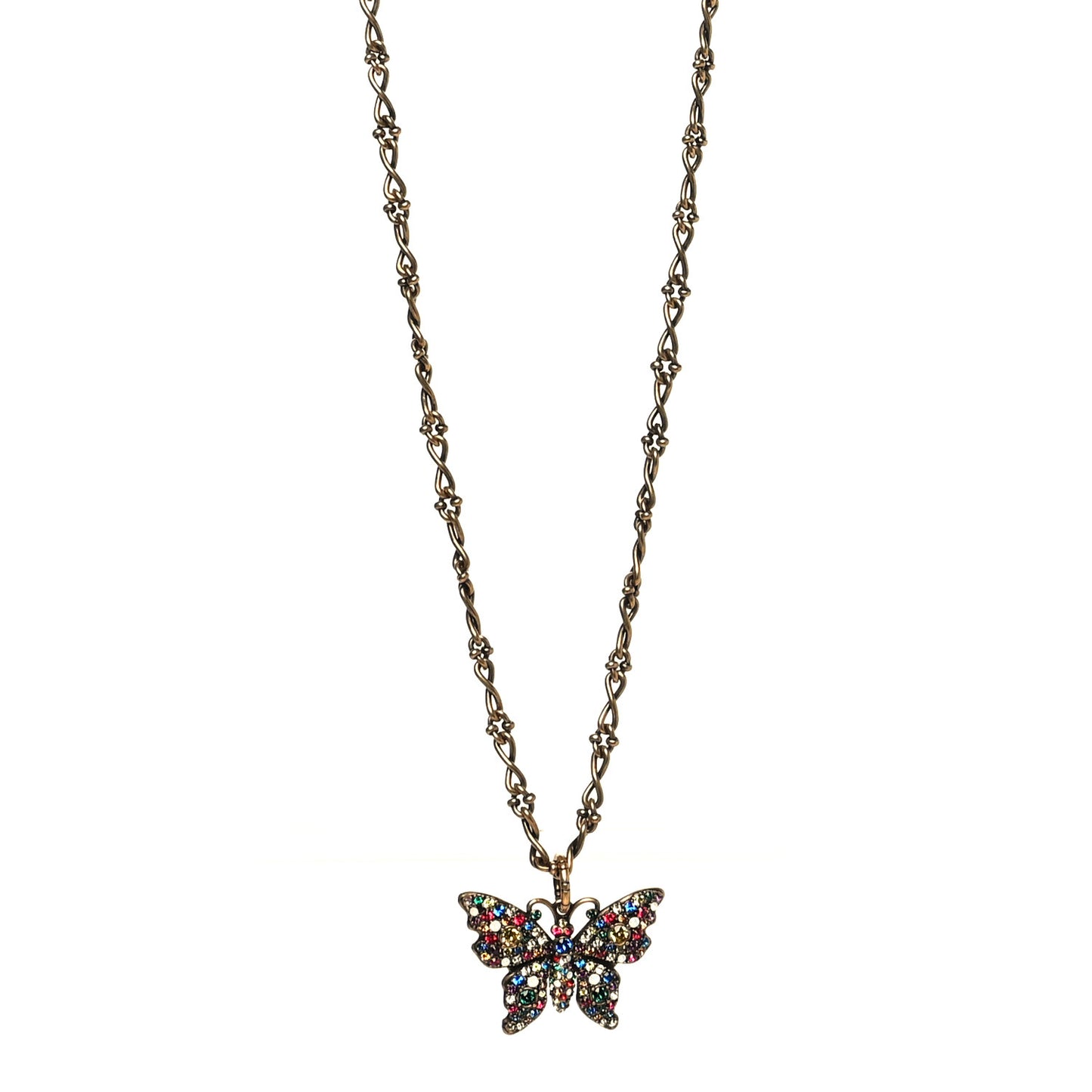 Metal Crystal Butterfly Necklace Aged Gold Multicolor