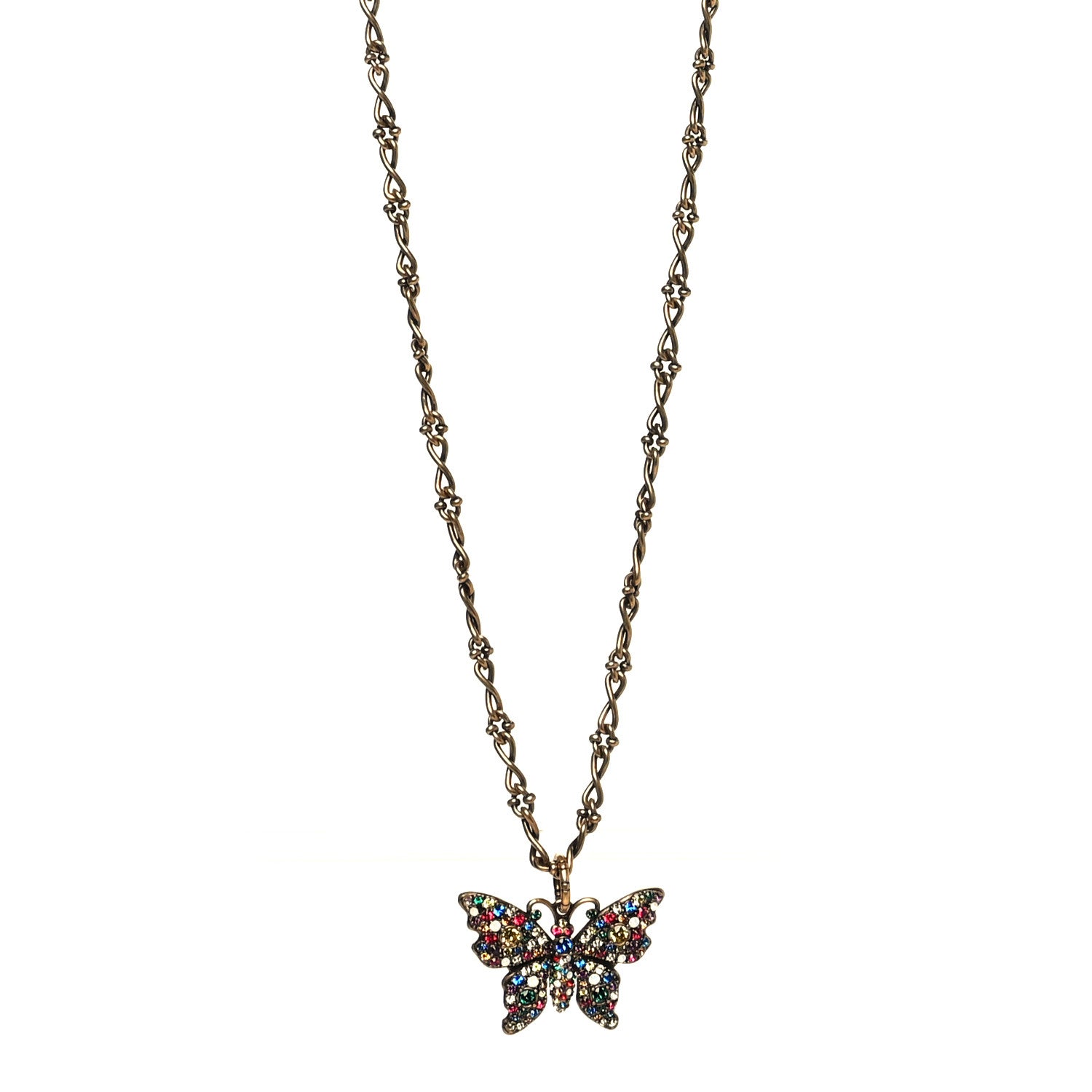 Gucci Metal Crystal Butterfly Necklace Aged Gold Multicolor 1 of 4
