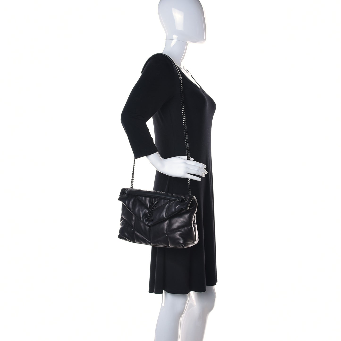Lambskin Quilted Small Loulou Puffer Monogram Chain Satchel Black