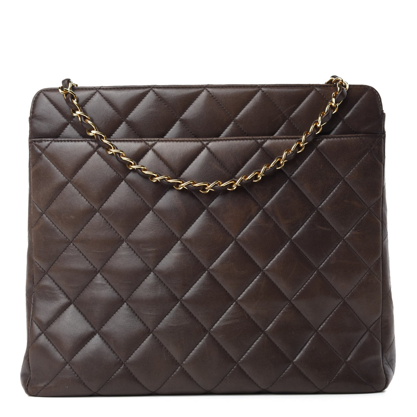 Lambskin Quilted Shopping Tote Dark Brown
