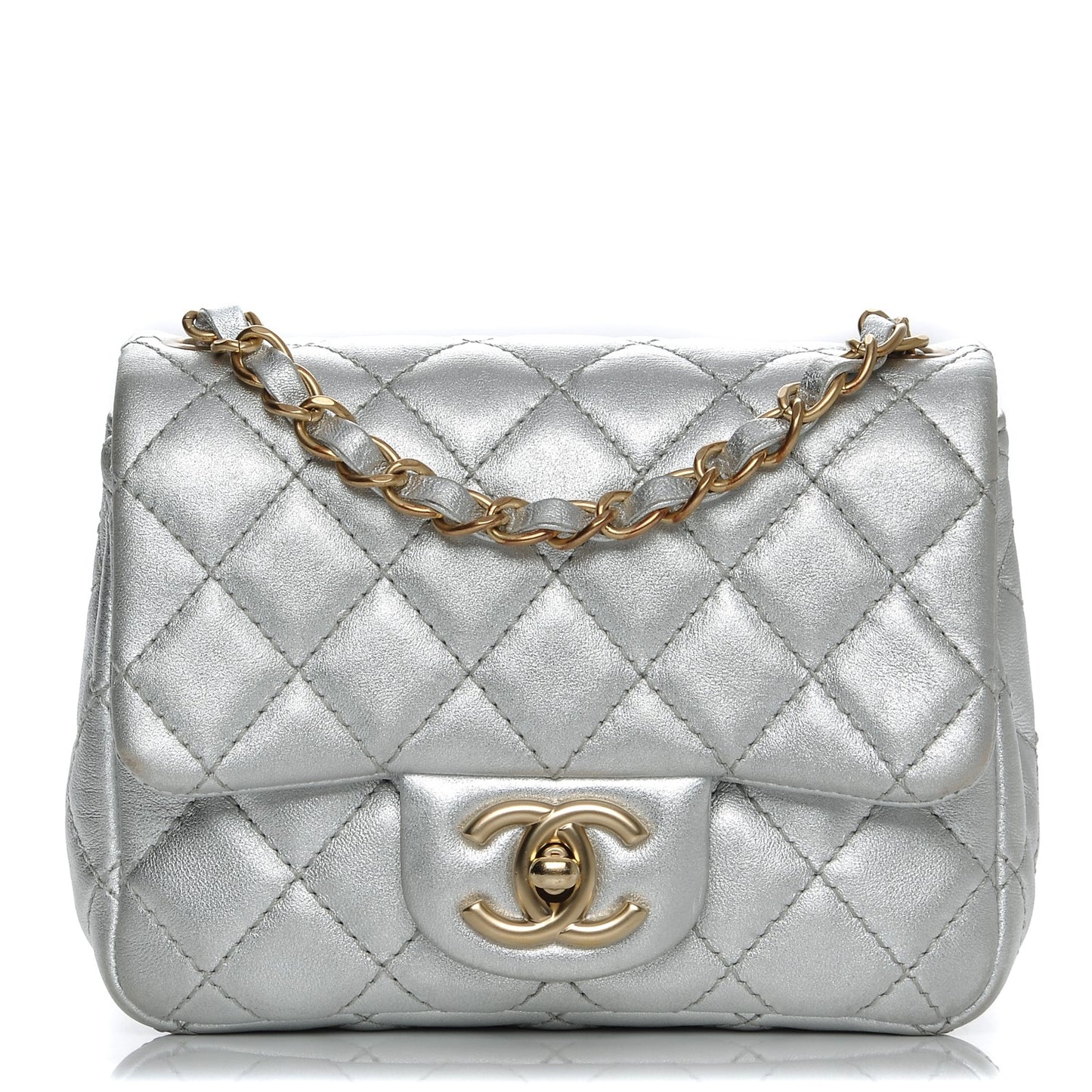 Metallic Lambskin Quilted Mini Square Flap Silver