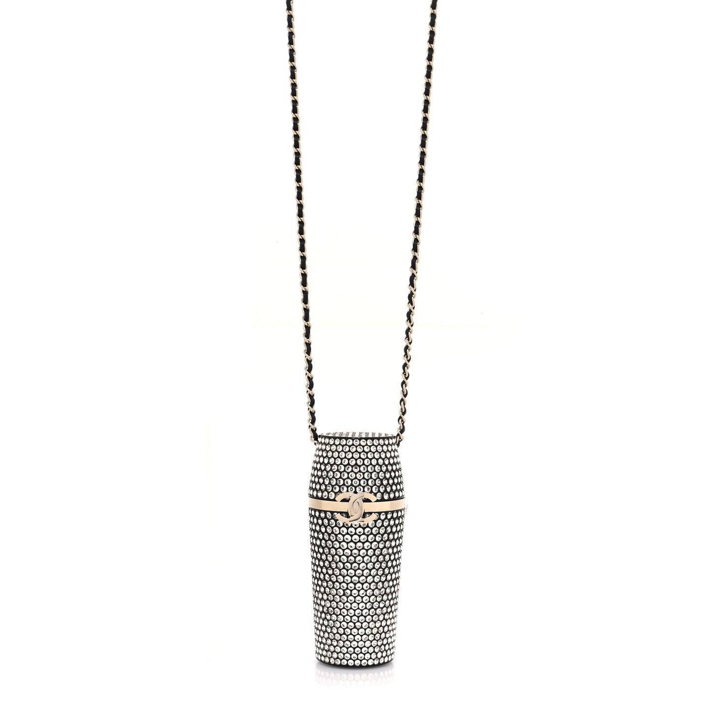 Metal Resin Lambskin Crystal Lipstick Case Long Necklace On Chain Silver Black Gold