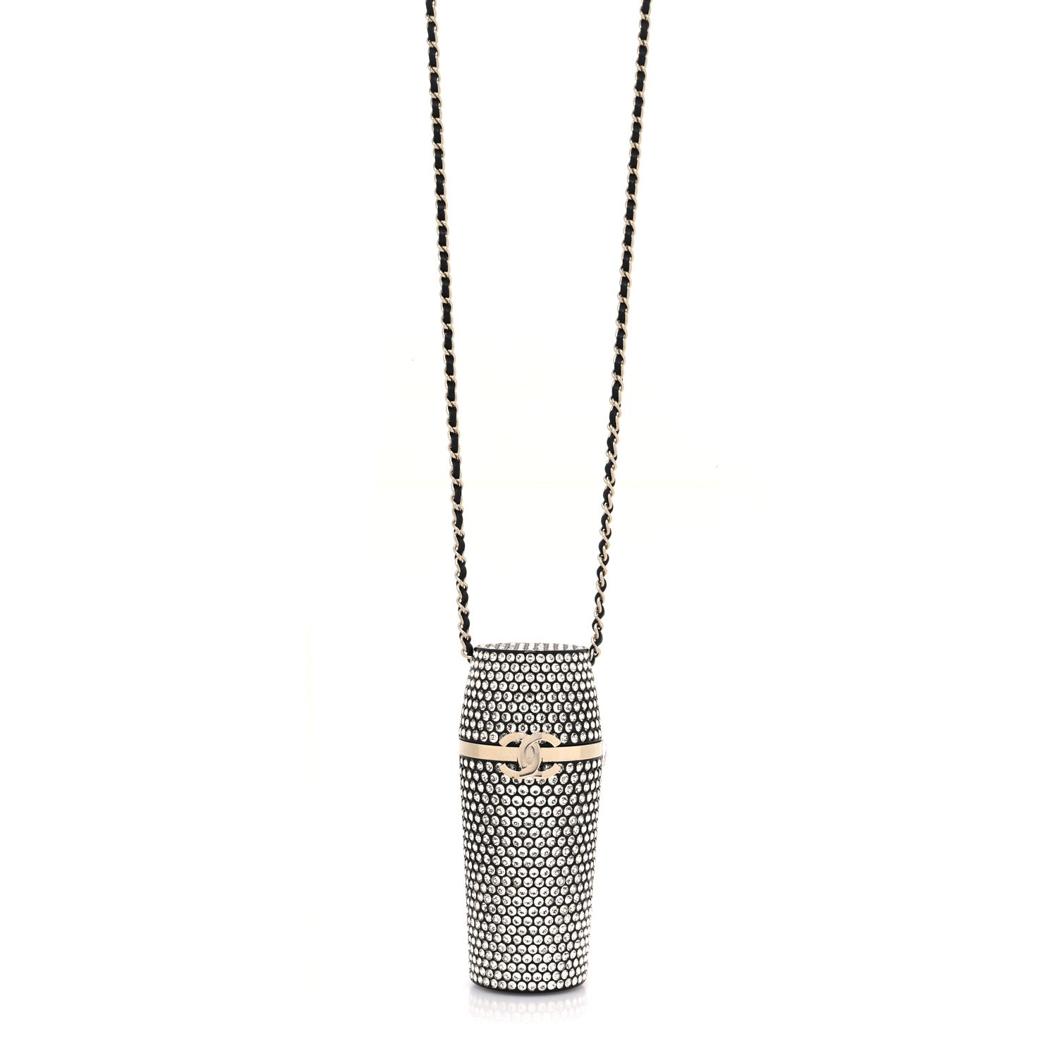 Chanel Metal Resin Lambskin Crystal Lipstick Case Long Necklace On Chain Silver Black Gold 1 of 5