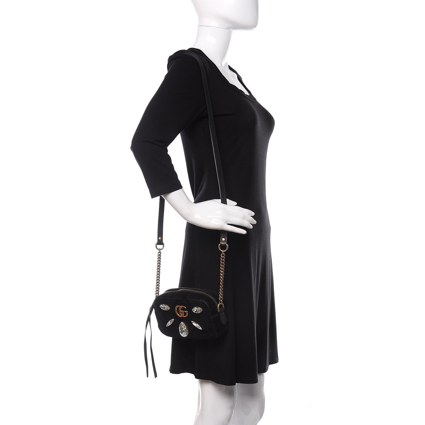 Velvet Matelasse Marquise Crystals Mini GG Marmont Chain Shoulder Bag Black