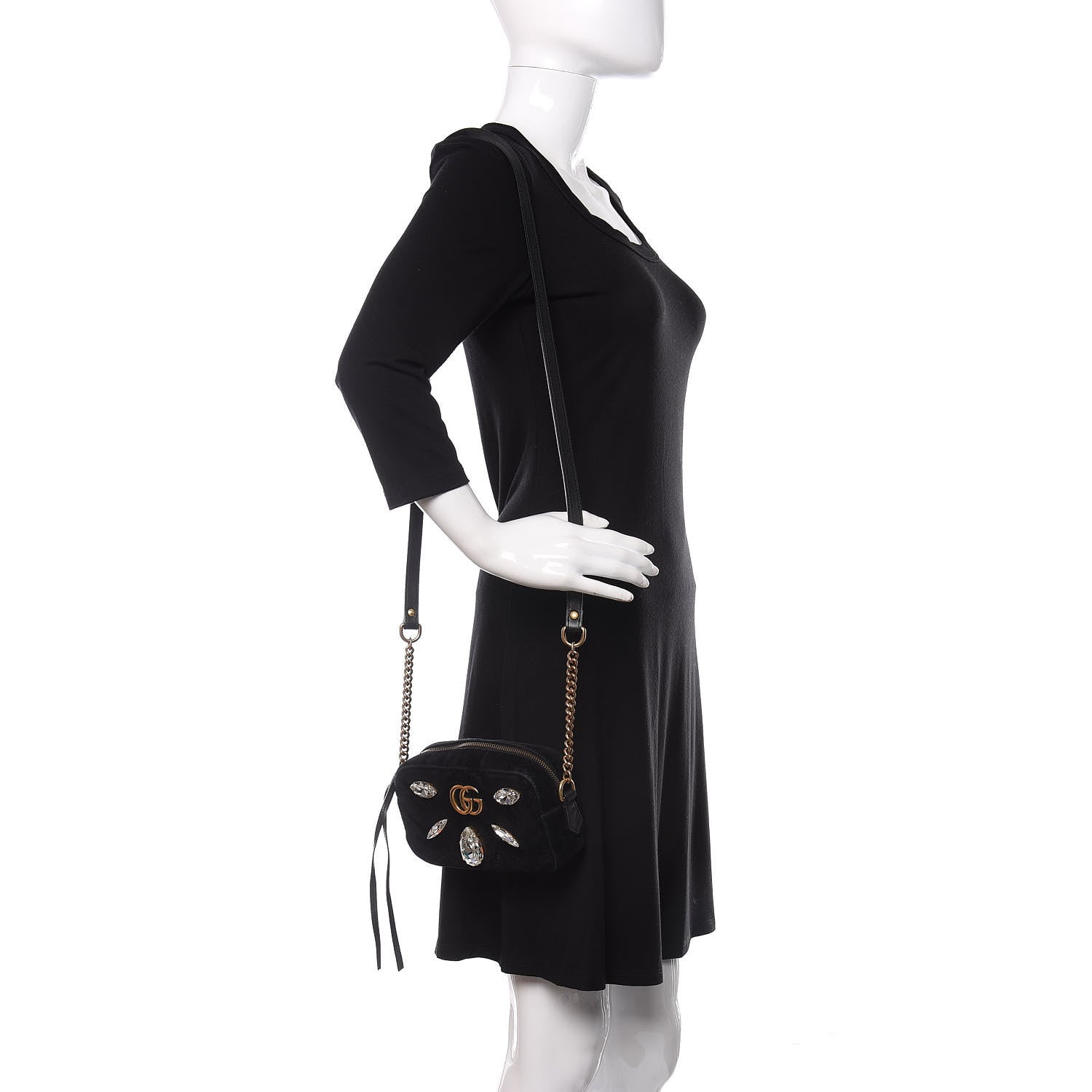 Gucci Velvet Matelasse Marquise Crystals Mini GG Marmont Chain Shoulder Bag Black 2 of 14