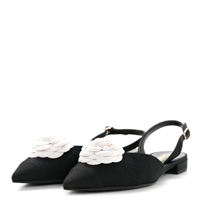 Chanel Grosgrain Camellia Slingback Flats 39.5 Black White 10 of 36