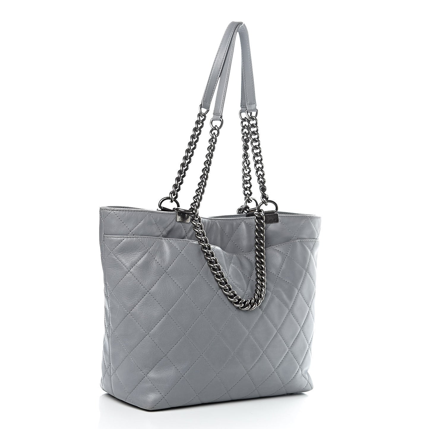 Calfskin Quilted Large Shopping In Chains Tote Light Grey