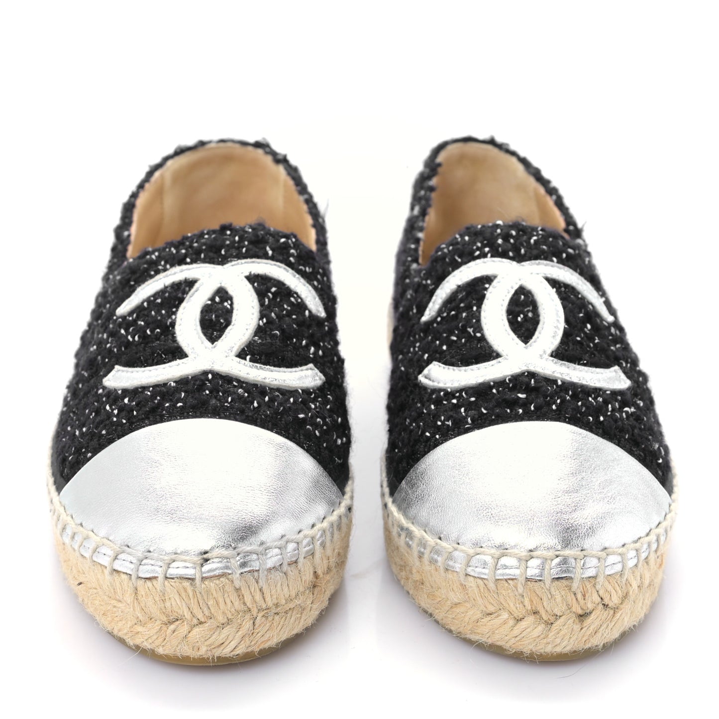 Metallic Lambskin Tweed CC Espadrilles 37 Black Silver