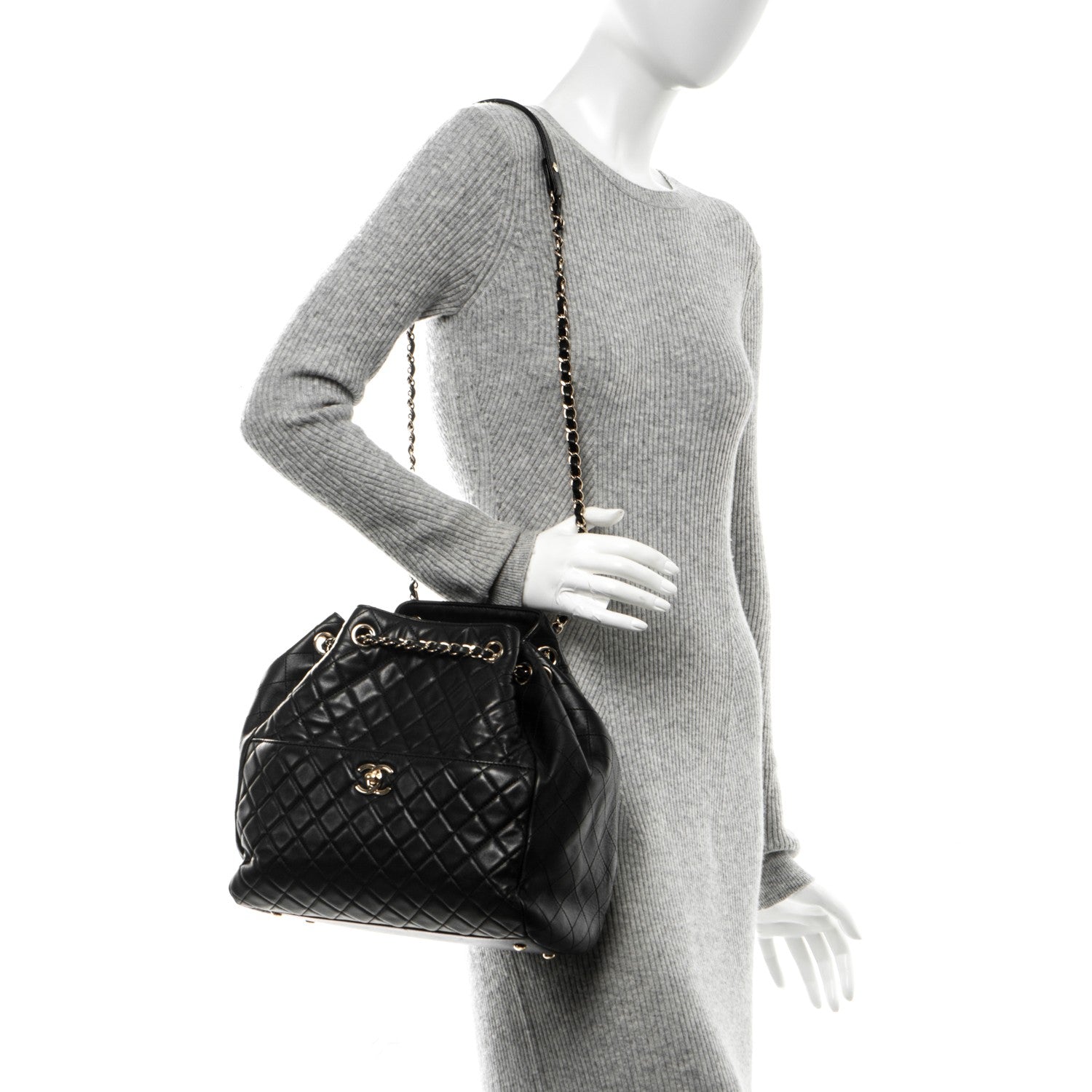 Chanel Lambskin Quilted Large Drawstring Shoulder Bag Black 2 of 7