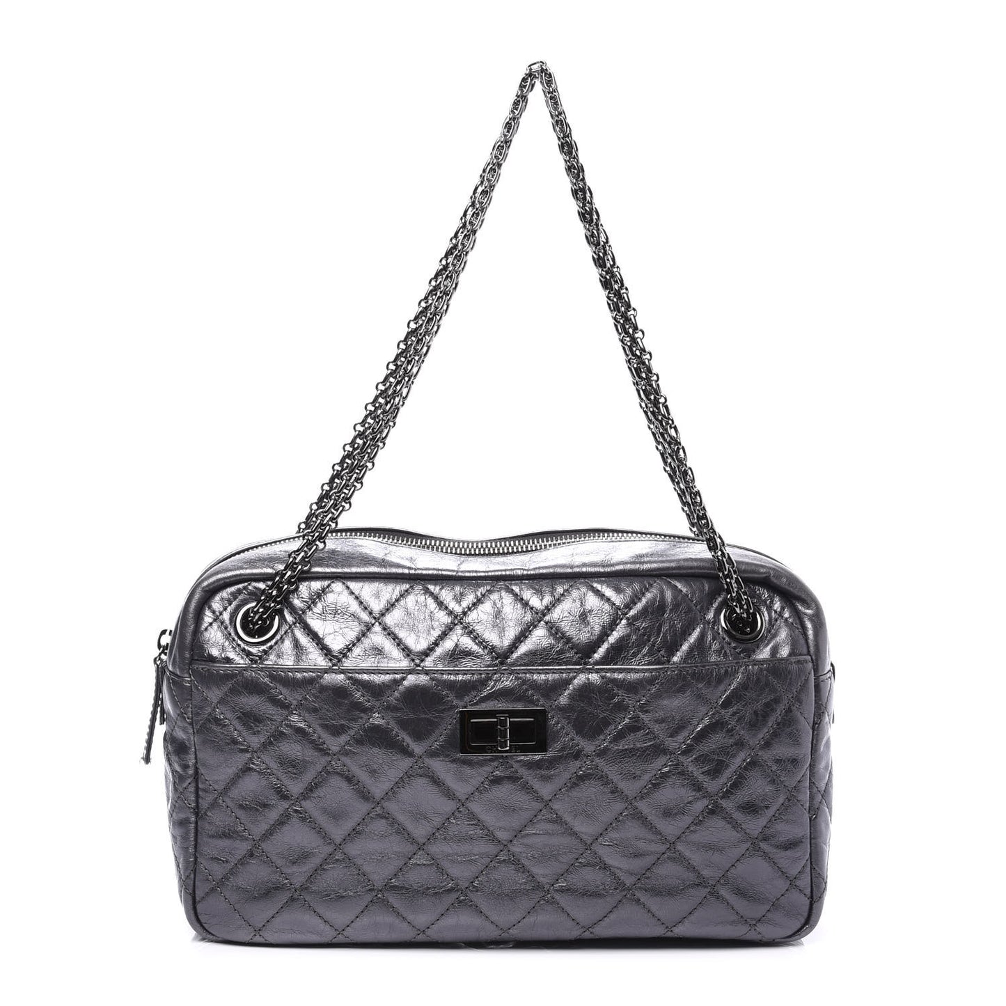 Metallic Aged Calfskin Quilted Medium Reissue Camera Case Dark Silver