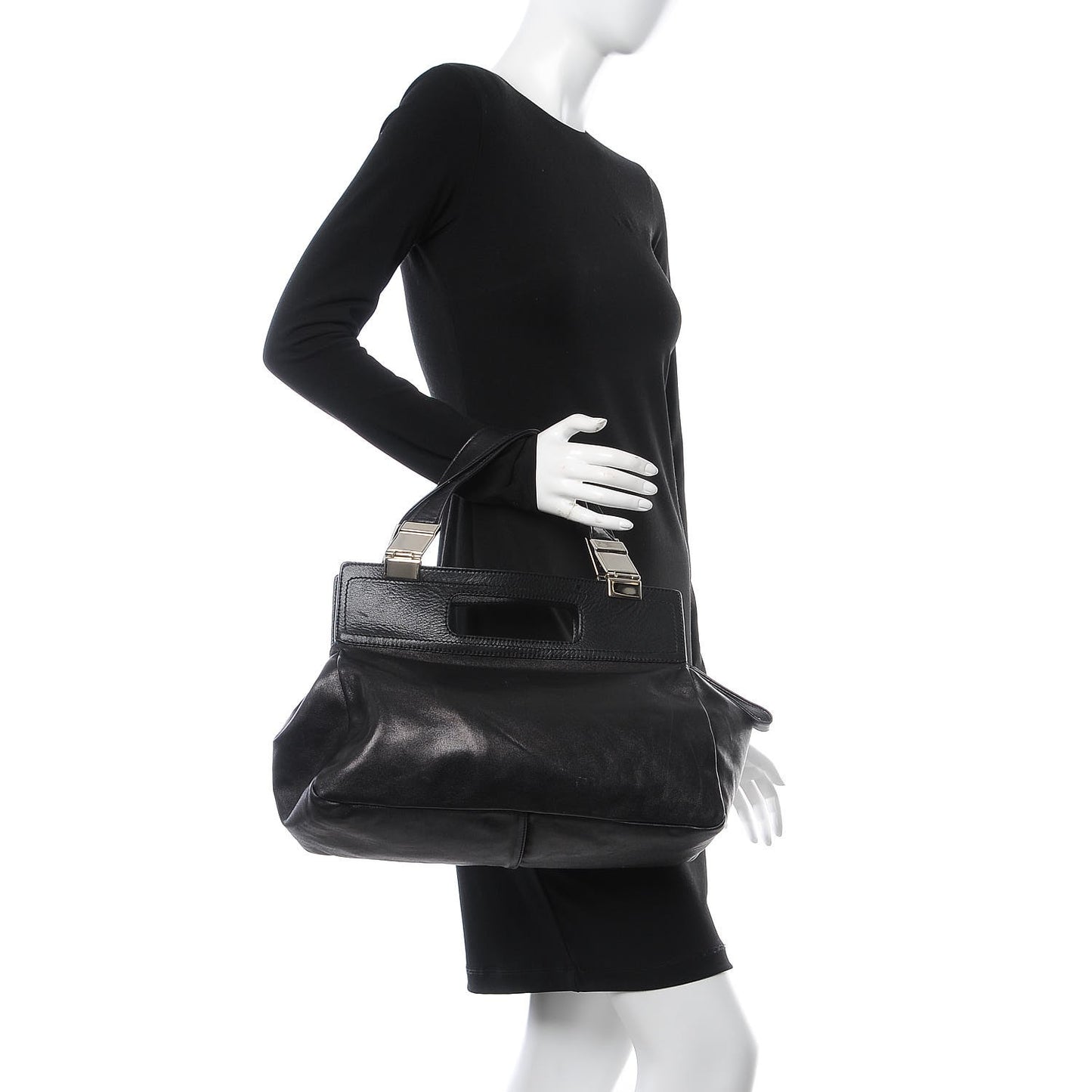 Calfskin Zipper Cutout Shoulder Bag Black
