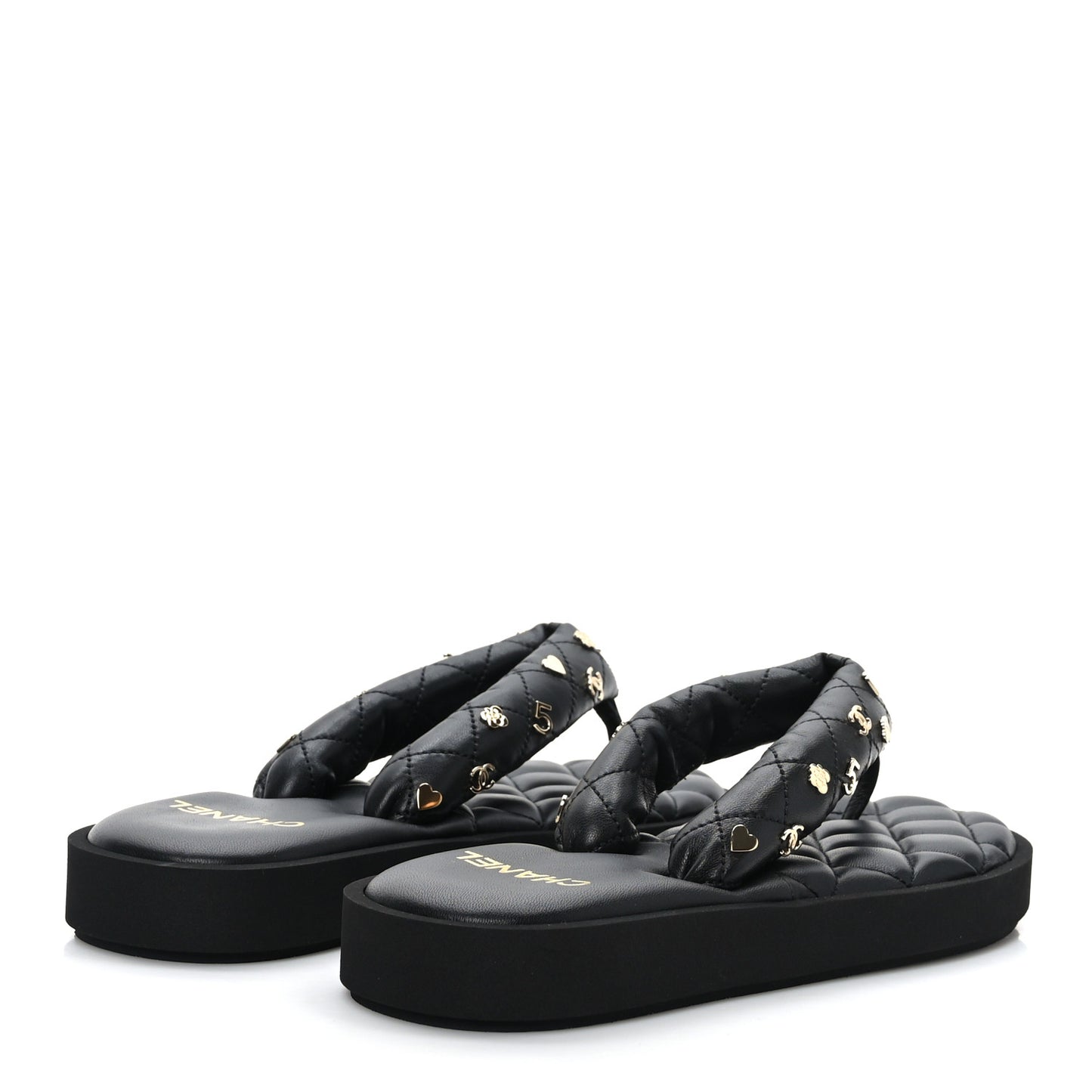 Lambskin Quilted Padded Charms Thong Sandals 39 Black