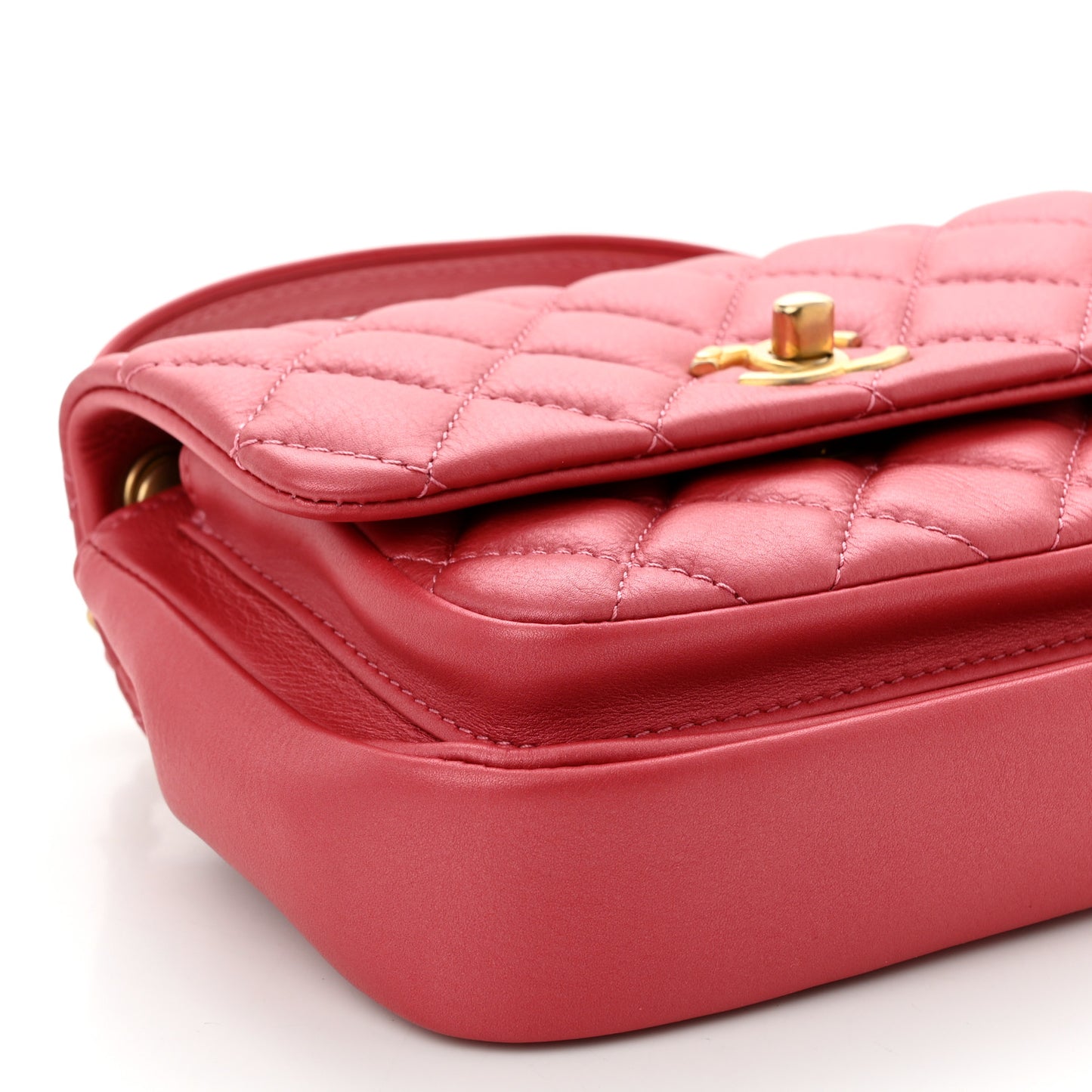 Metallic Calfskin Quilted Top Handle Flap Dark Pink