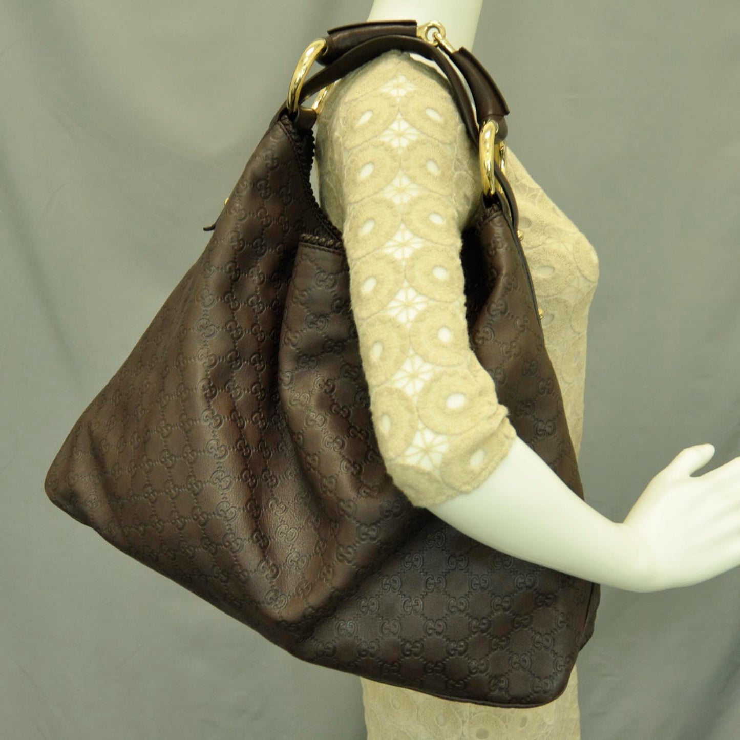 Guccissima Large Horsebit Chain Hobo Brown