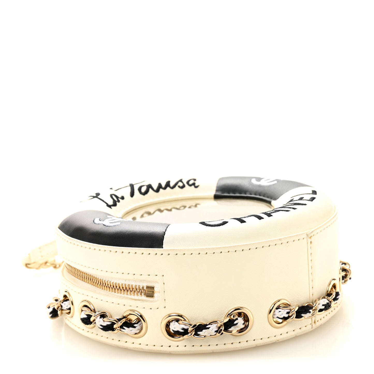 Lambskin Coco Lifesaver Round Bag Black White